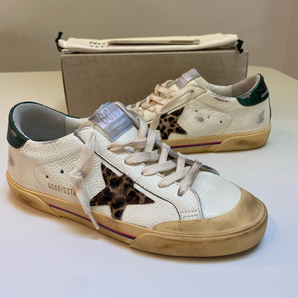 Golden Goose Superstar Penstar White Leather/Green/Leopard Star sz 38 New in Box - Picture 12 of 14